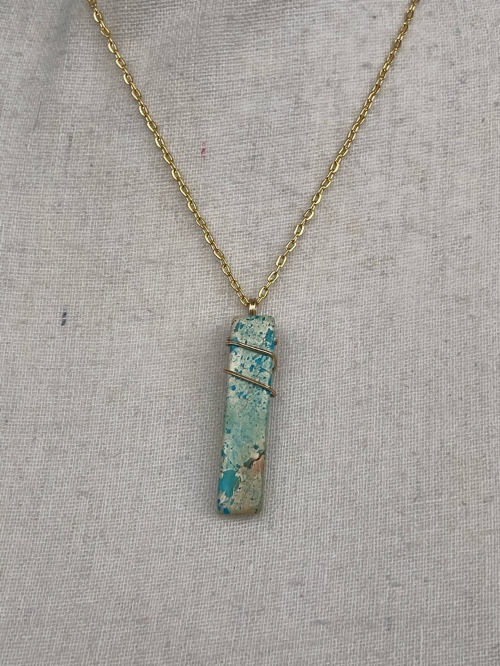 Blue Painted Howlite Rectangular Stone Pendant Necklace with Gold Wire Wrap - Picture 3 of 4